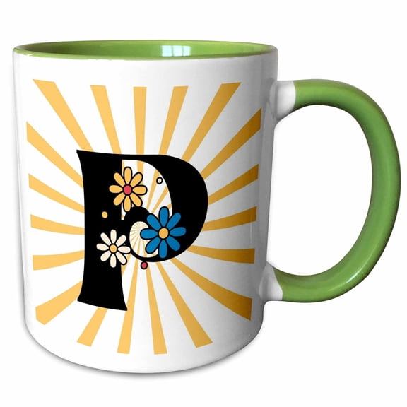 3drose, Retro Daisy P Monogram Initials, 15oz Two-tone Green Mug