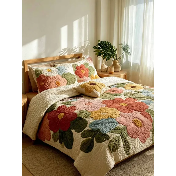 Retro Daisy Patchwork 3-Piece Quilted Bedding Set
