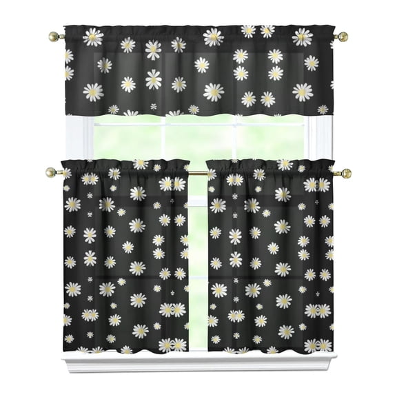 Retro Daisy Print Kitchen Curtains - 3 Piece Set with Valance & Tier Panels, Cute Artistic Floral Design, Semi-Sheer Rod Pocket