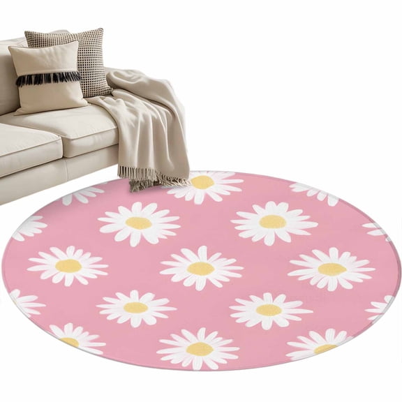 Retro Daisy Round Area Rug 3ft White Floral Pink Backdrop Non-Slip Washable Circle Rugs Soft Felt Indoor Floor Mat for Bedroom Kitchen Living Room Bathroom
