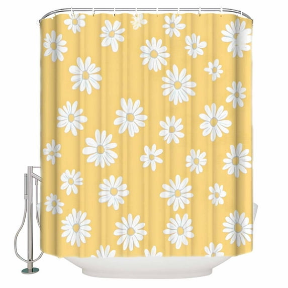Retro Daisy Shower Curtain, 36" x 72", White Floral Yellow Backdrop Waterproof Bathroom Curtain Washable Shower Curtain Set with 12 Hooks