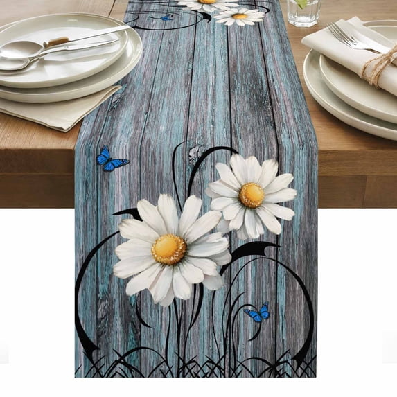 Retro Daisy Table Runner - 72 Inch Long, Kitchen Dining Table Runner Dresser Scarves, Country Botanical Floral Butterfly Wooden Farmhouse Decor for Coffee Tables Wedding Party Banquet