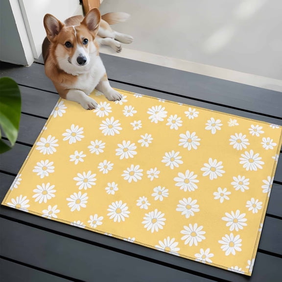 Retro Daisy Washable Area Rug 2x3 White Floral Yellow Backdrop Low-Profile Area Rugs with Non Slip Backing Indoor Floor Carpet for Entrance Living Room Bedroom Home Office