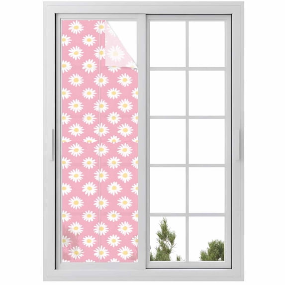 Retro Daisy Window Privacy Film White Floral Pink Backdrop Decorative Glass Window Film UV Blocking Static Cling Non-Adhesive Sticker Covering for Home Door 17.7 x 78.7 inches
