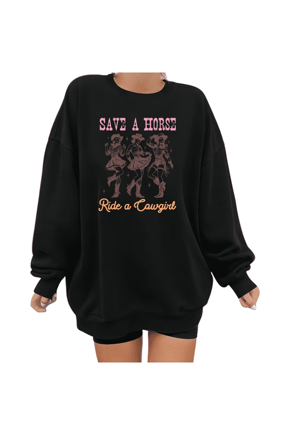 Retro Dance Crew Cowgirl Black Crewneck Graphic Sweatshirt Print Sweatshirt Ride A Cowgirl Slogan Casual S-3XL Tops