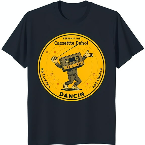 Retro Dancing Cassette Tape T-Shirt Fun Yellow Circle Design on Blue