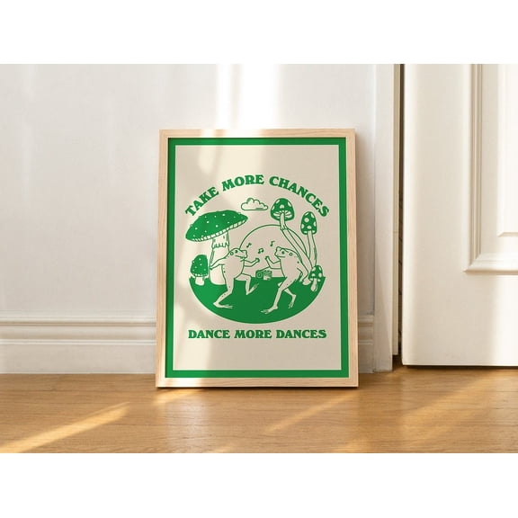 Retro Dancing Frogs Vintage Frog Illustration Cute Mushroom Green Orange Pink Unframed Paper Print