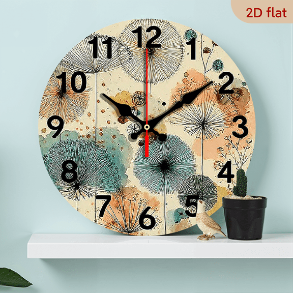 Retro Dandelion Wall Clock - Silent Non-Ticking Wooden Round Clock with Vibrant Floral Design, Easy-Read Numbers Festive Atmosphere - 10x10 Inch Battery Operated (AA Not Included) for Livi