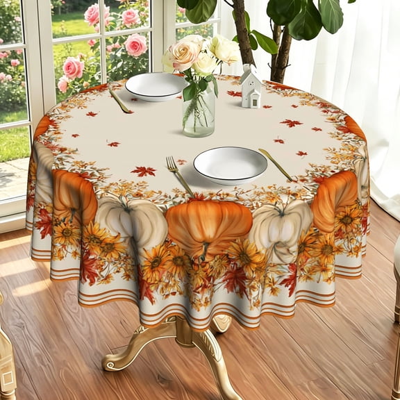 Retro Dark Background Fall Pumpkin Floral Print Round Tablecloth, Outdoor Farmhouse Seasonal Holiday Table Decor, Thanksgiving & Christmas Gift