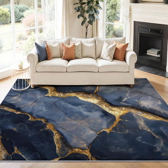 Retro Dark Blue Rug Blue Marble Area Rug, Crack Geometry Washable Rugs for Bedroom, Modern Light Luxury Living Room Area Rug, Nordic Home Decor-5' x 8'