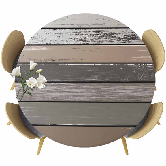 Retro Dark Grey Stripe Round Fitted Table Cover Peeling Paint Effect Theme Waterproof Table Cloth with Elastic Edge Wipeable Tablecloth for Picnic Camping Party Fits 55"-60" Diameter
