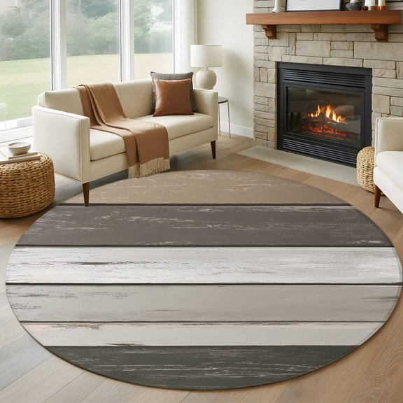 Retro Dark Grey Stripes 8' Round Rug for Open Concept Living Room Seating Zone, Peeling Paint Effect Texture Washable Non Slip Large Circle Area Rug