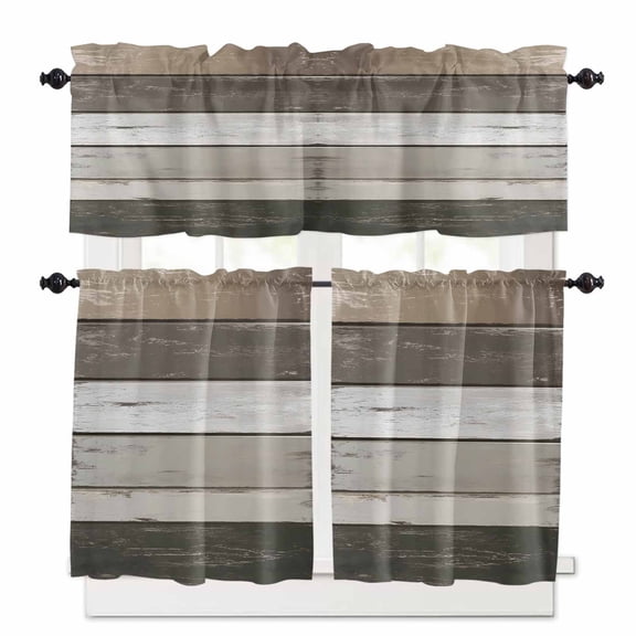 Retro Dark Grey Stripes Kitchen Curtains and Valances Set, Peeling Paint Effect Texture Rod Pocket Window Valance 18 Inch Window Curtain Panels for Living Room Bedroom Laundry, 27.5x36in, 3 Pieces