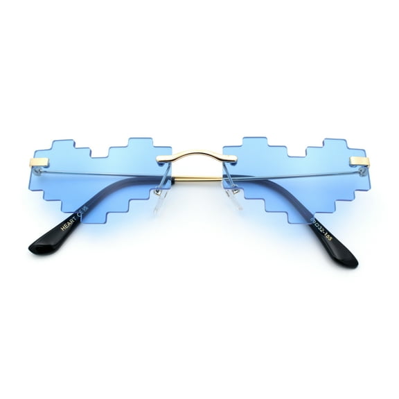 Retro Dazed Cute Nifty Pixel Heart Rimless Sunglasses Gold - Blue