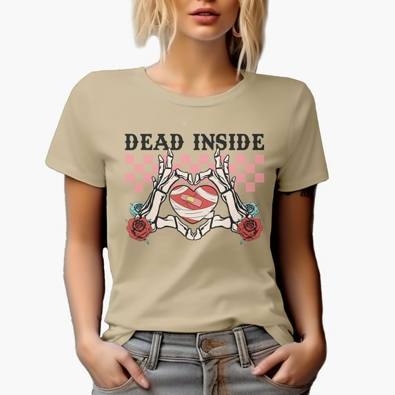 Retro Dead Inside, Skeleton Hands & Heart with a Bandage, Valentine's Day Gift, Tan T-Shirt, Small