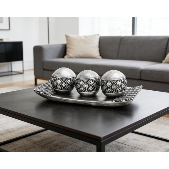 Retro Decorative Sphere Orbs Set of 3 with Tray Bowl for Centerpiece Table Decoration, Antique Accent Center Piece for Home Dining Table Centerpiece Vintage Decoration