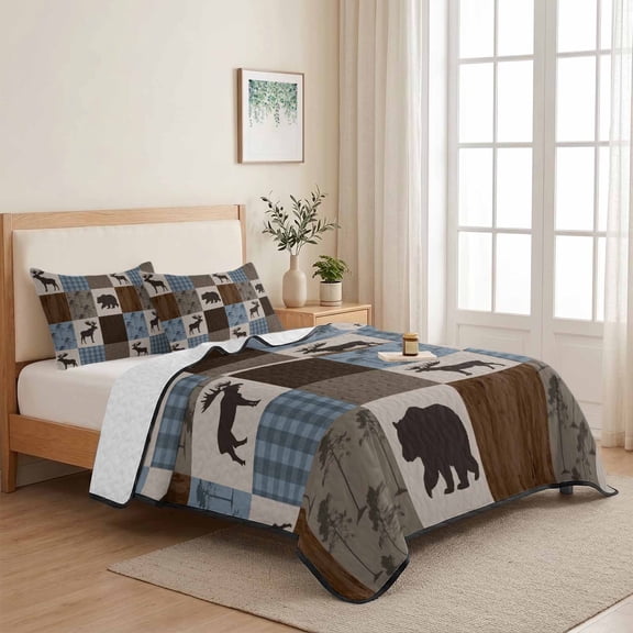 Retro Deer Bear Plaid Check 3 Pieces Quilt Set,1 Quilt with 2 Shams,Abstract Patchwork Pattern Bedspread Soft Lightweight Bedding Coverlet Comforter Set for All Season 68"x98"