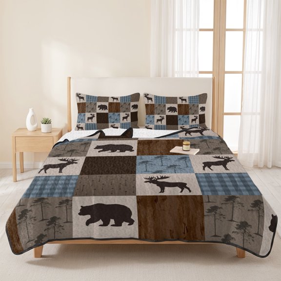 Retro Deer Bear Plaid Check 3 Pieces Quilt Set,1 Quilt with 2 Shams,Abstract Patchwork Pattern Bedspread Soft Lightweight Bedding Coverlet Comforter Set for All Season 96"x106"