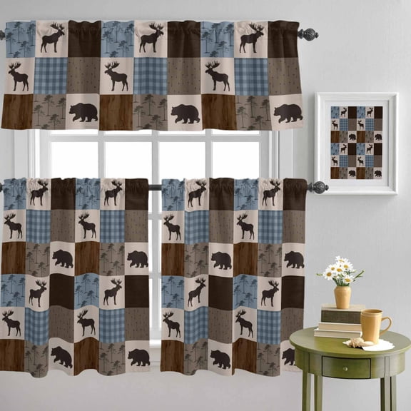 Retro Deer Bear Plaid Check Curtain Tier and Valance Set 3 Piece, Abstract Patchwork Pattern 3-inch Rod Pocket Window Tier Curtains Valance for Kitchen Living Room