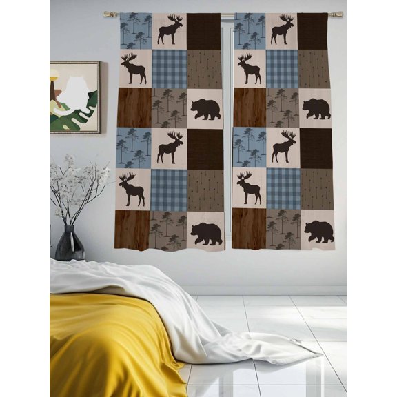 Retro Deer Bear Plaid Check Sheer Curtains 2 Panels Set Abstract Patchwork Pattern Lihgt Filtering Rod Pocket Voile Drape,Semi Sheer Window Curtains for Bedroom Living Room,52"x63"