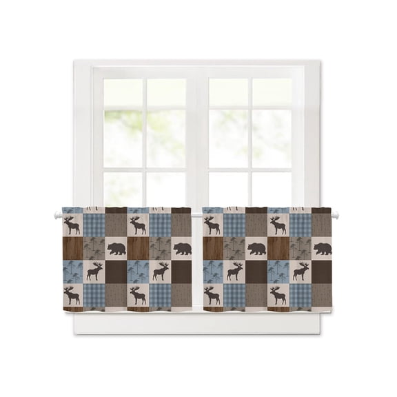 Retro Deer Bear Plaid Check Short Blackout Curtains 24 Inch Long,Abstract Patchwork Pattern Rod Pocket Kitchen Curtains,2 Panels Thermal Insulated Room Darkening Drapes for Bedroom,30"W x 24"L