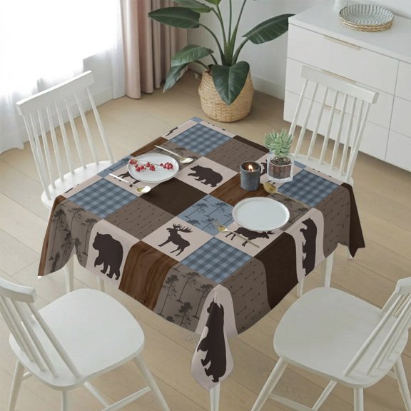 Retro Deer Bear Plaid Check Table Cloth 54x54in, Waterproof Square Tablecloth Wipeable Tablecloths Abstract Patchwork Pattern Table Covers for Dining Tables Party Indoor Outdoor