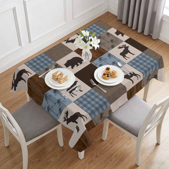 Retro Deer Bear Plaid Check Table Cloth 60x84in, Waterproof Rectangle Tablecloth Wipeable Tablecloths Abstract Patchwork Pattern Table Covers for Dining Tables Party Indoor Outdoor