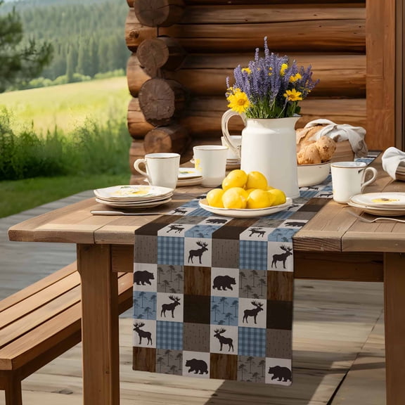 Retro Deer Bear Plaid Check Table Runner 13x70in Non-Slip Cotton Linen Table Runners, Abstract Patchwork Pattern Dresser Scarves TableRunner for Dinner Kitchen Dining Wedding Party