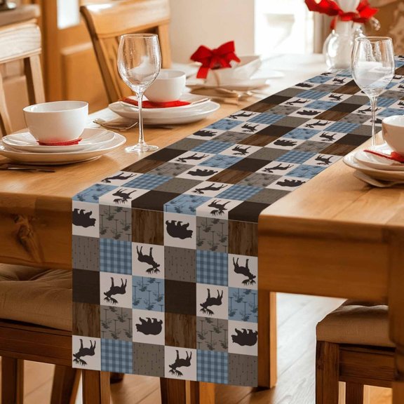 Retro Deer Bear Plaid Check Table Runner 36 Inches Long,Kitchen Dining Tablerunners Abstract Patchwork Pattern Linen Table Runners Dresser Scarves for Home Dinner Wedding Holiday Party Decor