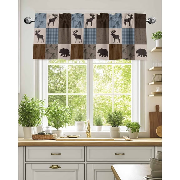 Retro Deer Bear Plaid Check Valances for Windows,Kitchen Valance Rod Pocket Short Curtain,Abstract Patchwork Pattern Valance Curtain Window Valances for Bedroom Living Room 54x18in