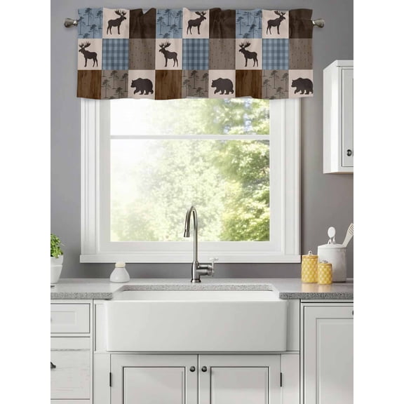 Retro Deer Bear Plaid Check Valances for Windows,Rod Pocket Valance for Kitchen Bedroom Bathroom Living Room, Abstract Patchwork Pattern Window Valance Curtain Farmhouse Short Curtains 42x12in