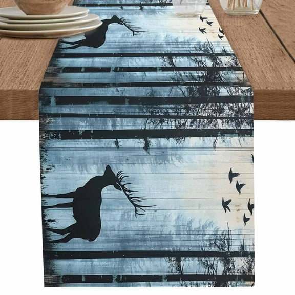 Retro Deer Bird Wooden Tree Forest Table Runner-70 Inch Long Rustic Moose Table Runners Linen Burlap Tablerunner for Kitchen Dining Room Holiday Party