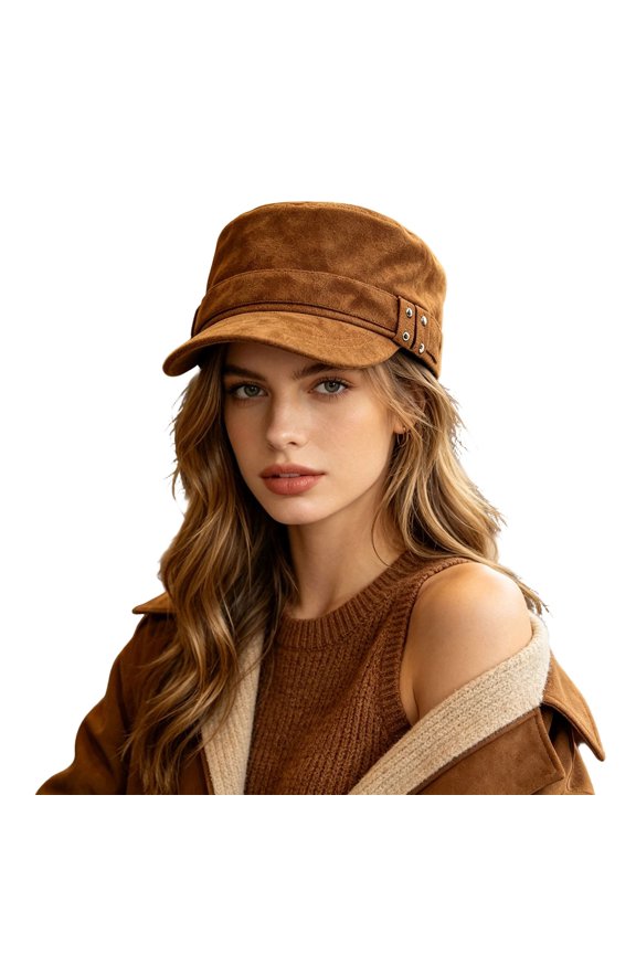 Retro Deer‑Skin Suede Newsboy Cap Strap Design Flat Brim Hat Punk Street‑Wear Daily Outdoor Decorative Head‑Accessory