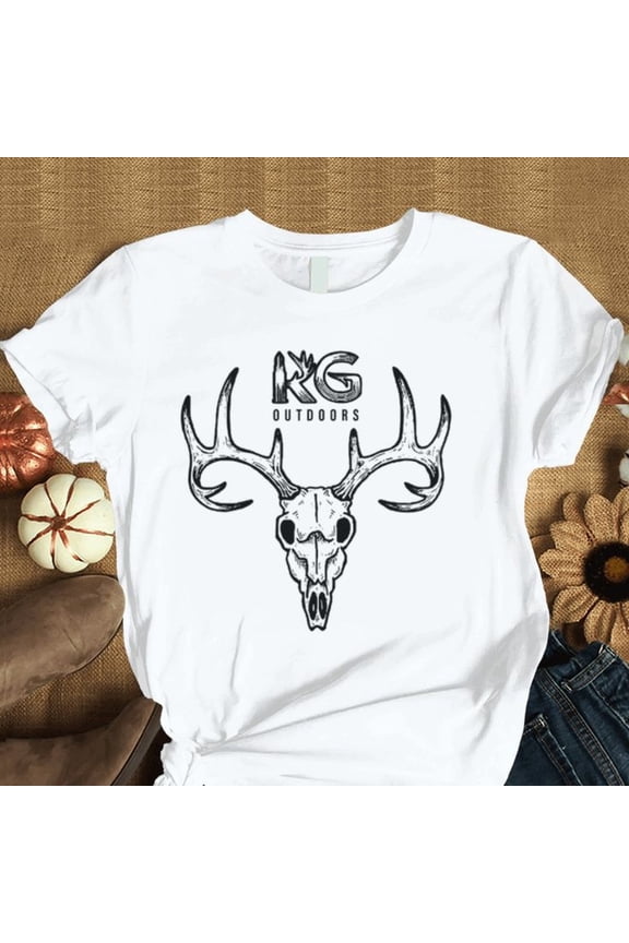 Retro Deer Skull Graphic T-Shirt Vintage Buck Antlers Hunting Apparel Wilderness Outdoors Men's White Tee Shirt