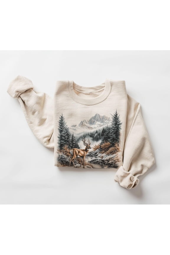 Retro Deer Sweatshirt – Vintage Whitetail Buck Winter Mountain Scene Crewneck, 90s Outdoors Nature Lover Gift, Unisex Boho Pullover