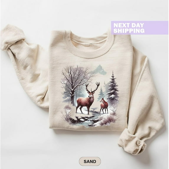 Retro Deer Wilderness Scene Sweatshirt, Nineties Vintage Buck And Doe Deer Outfit, Boho Unisex Crewneck Sweatshirt, Camping Life Sweatshirt Tshirt All Size S-5XL