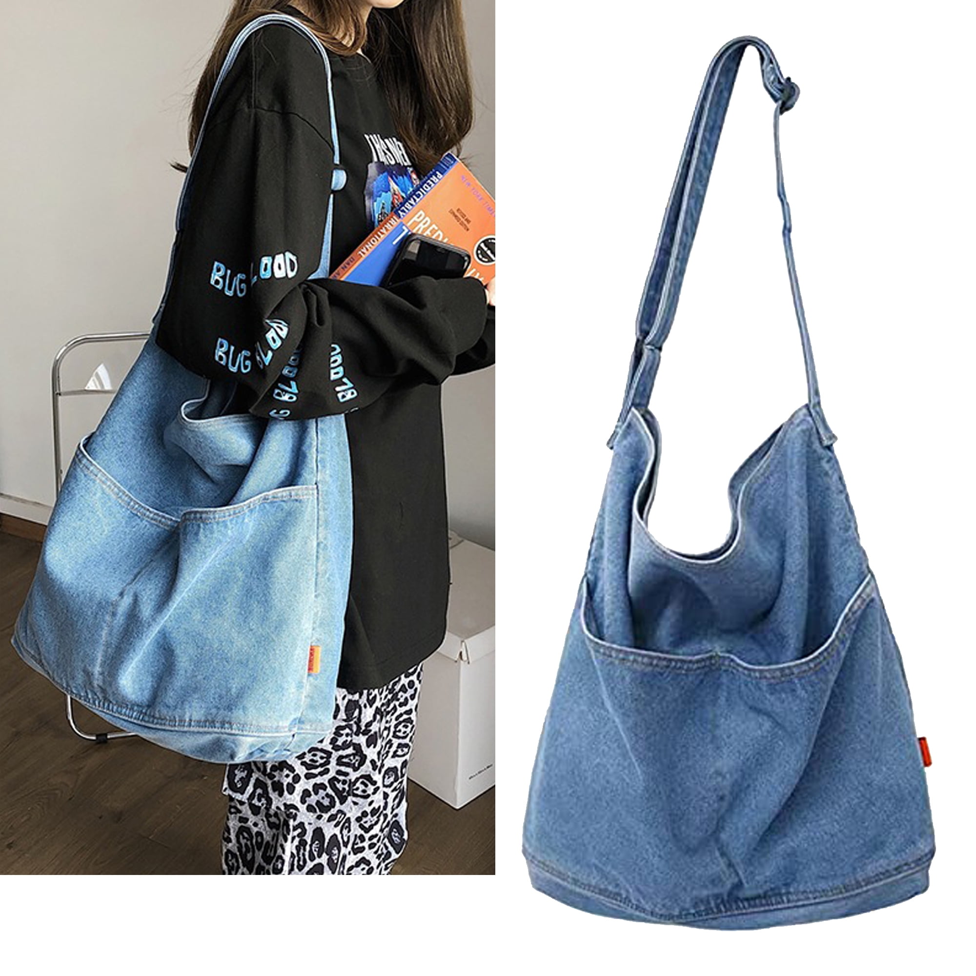 Retro Denim Casual Tote Cool Girl Shoulder Bag Denim Bag Handbags Ladies  Shopping Bag Tote Bag,Light blue