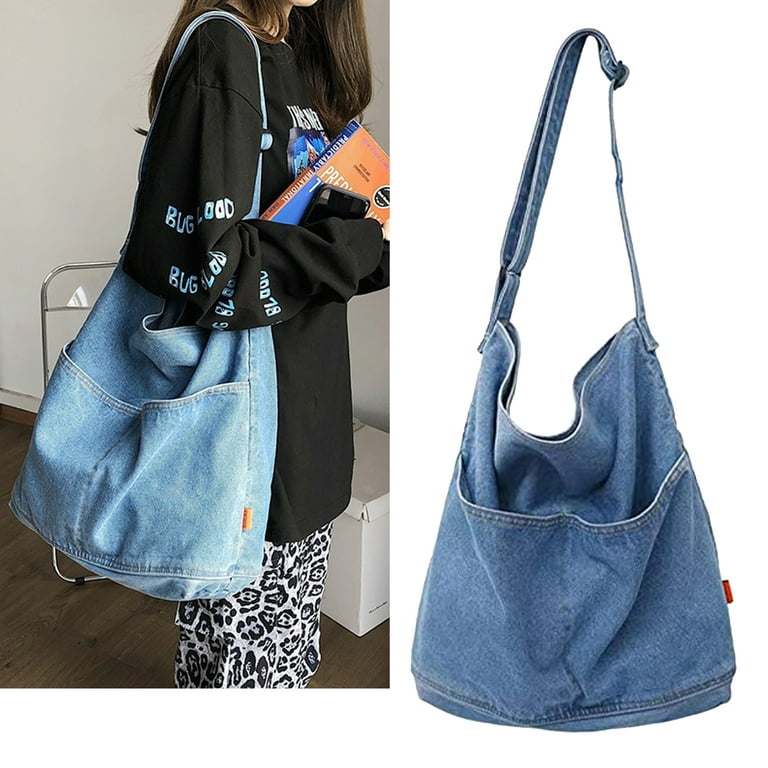 Yuanbang Retro Denim Casual Tote Cool Girl Shoulder Bag Denim Bag Handbags Ladies Shopping Bag Tote Bag,Light Blue, Women's, Size: 380