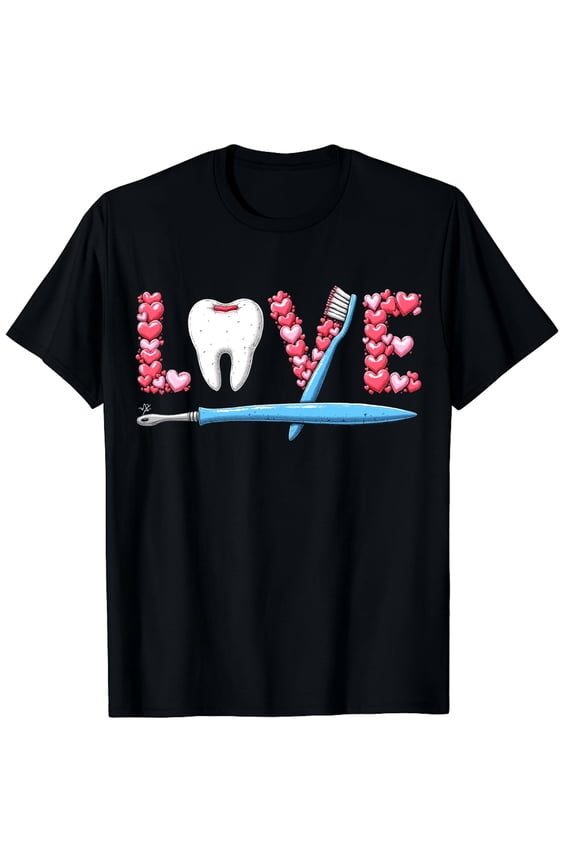 Retro Dentist Love T-Shirt Cute Dental Hygienist Heart Tooth Graphic Tee for Men Women Medical Professional Apparel