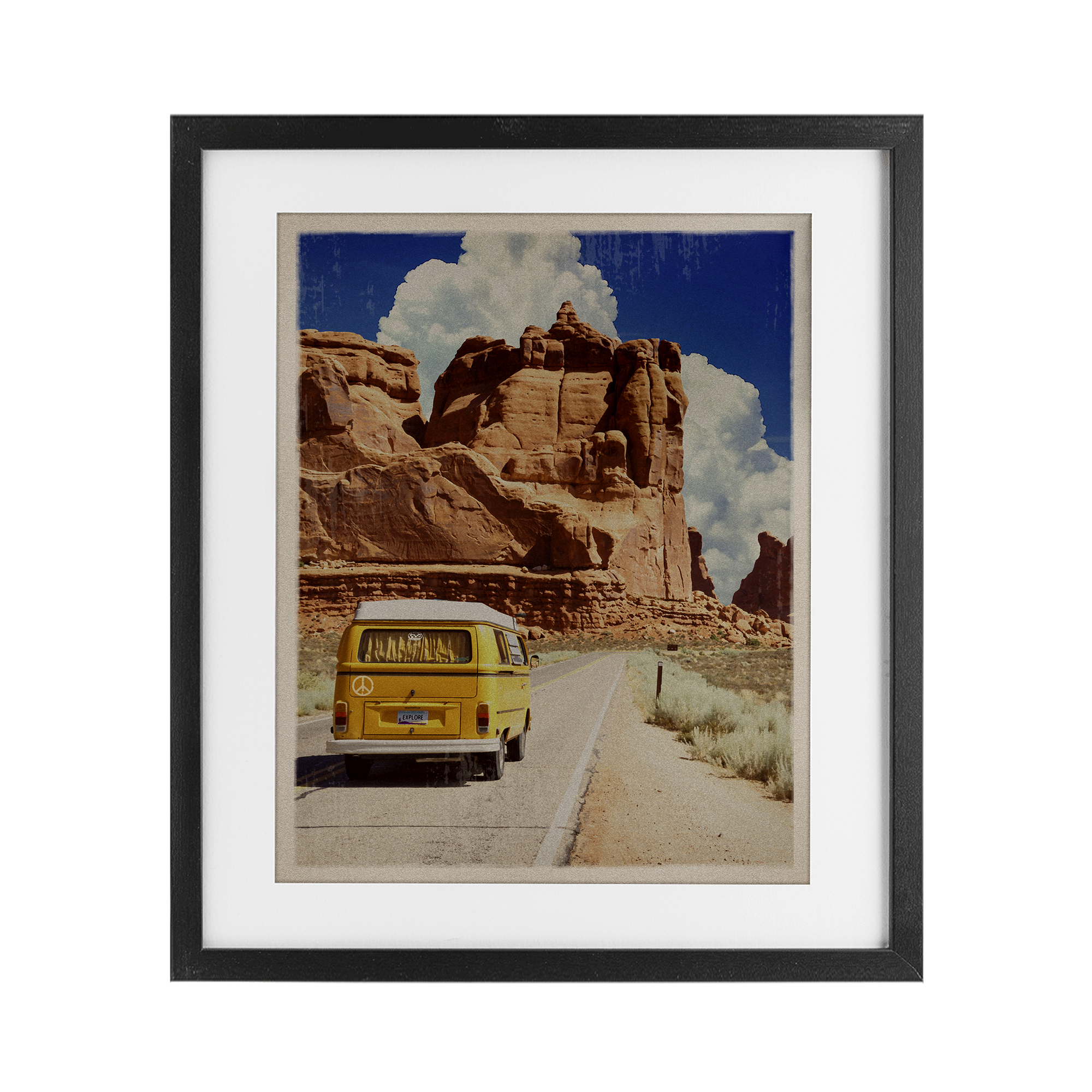 Retro Desert Adventure Black Framed Print Under Glass, design by Old Red Truck