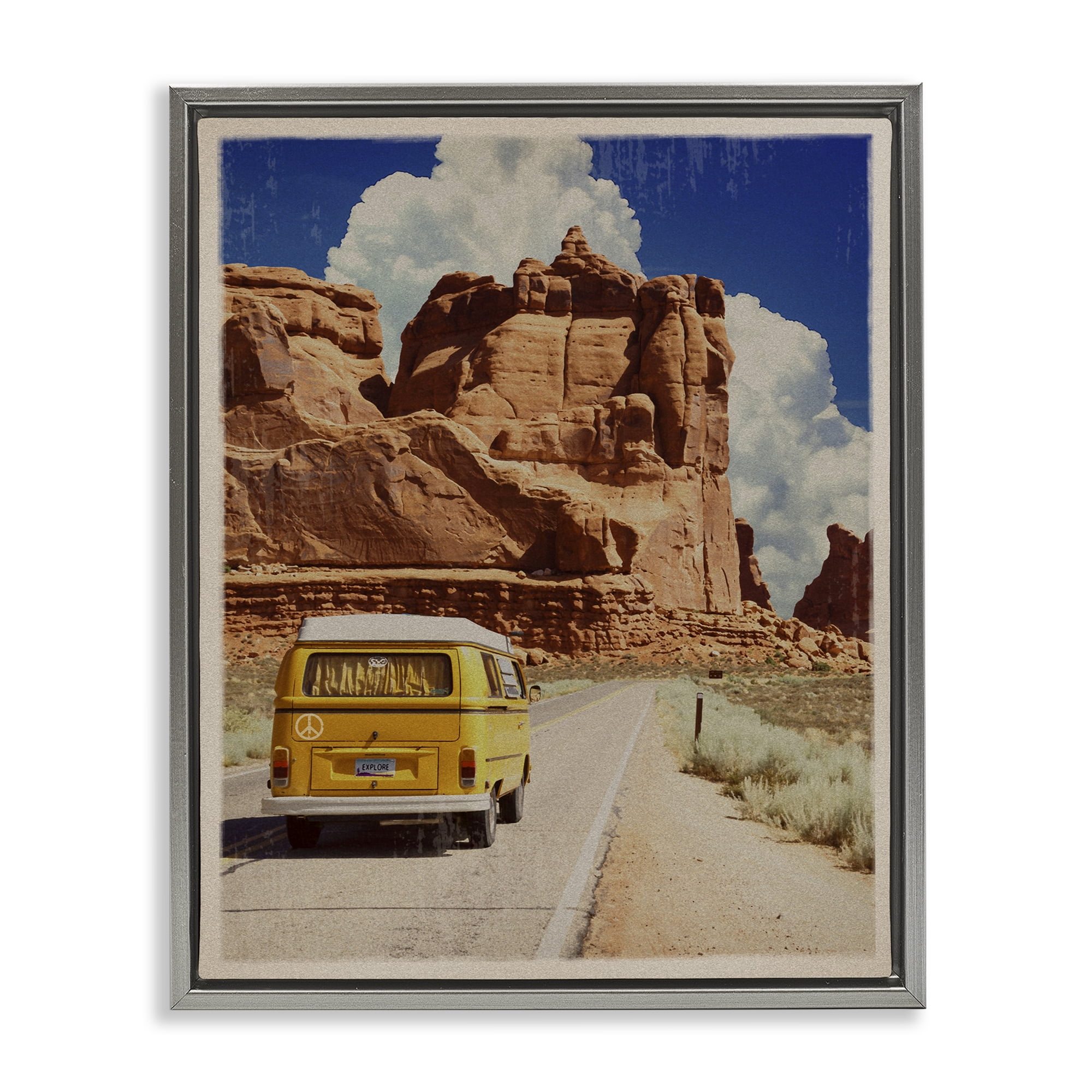 Retro Desert Adventure Gray Framed Floater Canvas Wall Art, design by Old Red Truck
