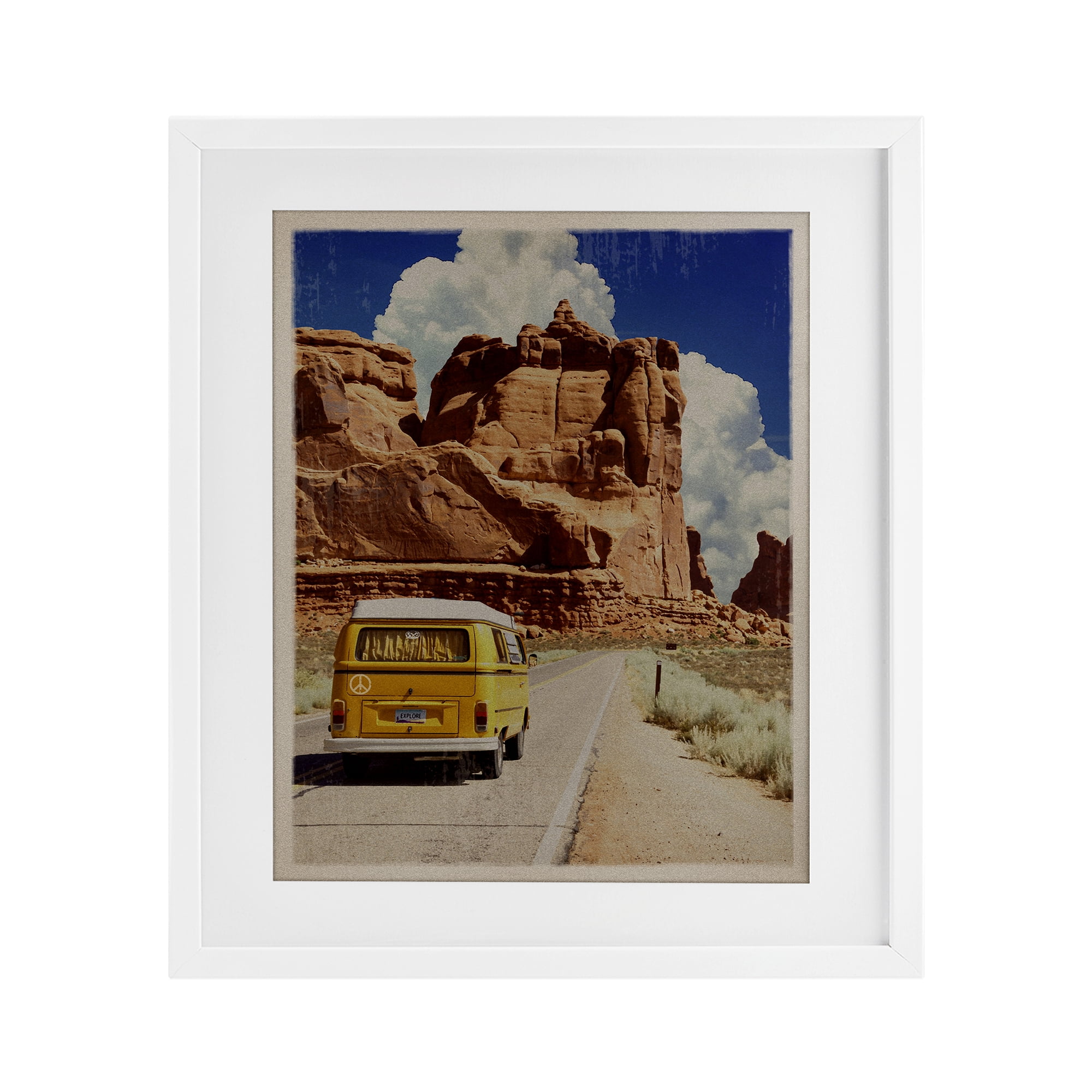 Retro Desert Adventure White Framed Print Under Glass, design by Old Red Truck