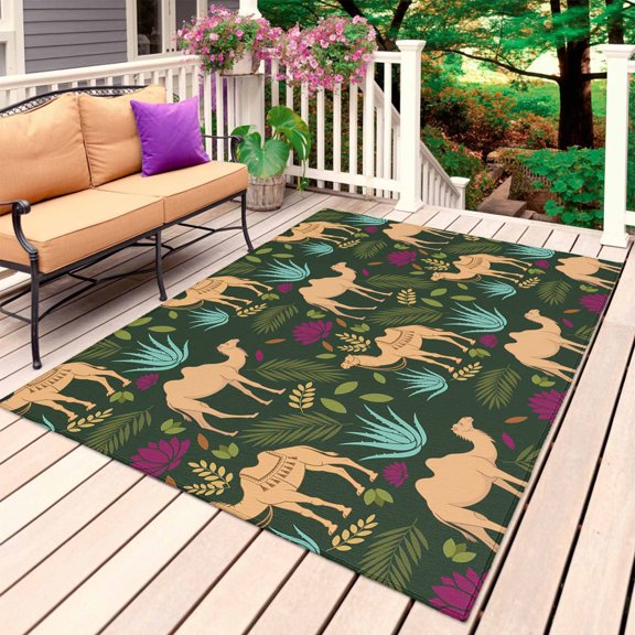 Retro Desert Camel Outdoor Rug 3x5 Ft, Non Slip Washable Area Rug, Tropical Animal Aloe Vera Leaves Dark Green Patio Rugs Carpet Runner, Large Floor Mat for Indoor/Outdoor Deck Porch Camping