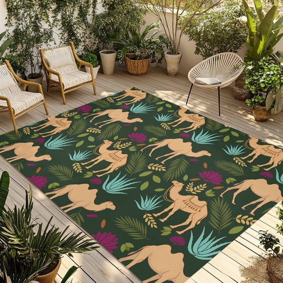 Retro Desert Camel Outdoor Rug for Patio/Deck/Porch, Non-Slip Large Area Rug 4 x 6 Ft, Tropical Animal Aloe Vera Leaves Dark Green Indoor Outdoor Rugs Washable Area Rugs, Camping Rug Carpet Runner