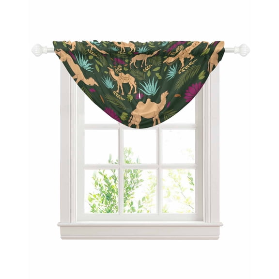 Retro Desert Camel Sheer Waterfall Valance Curtains for Window, Tropical Animal Aloe Vera Leaves Dark Green Rod Pocket Sheer Topper Swag Curtains for Living Room, Kitchen 38.5"W x 47.2"L, 1 Panel