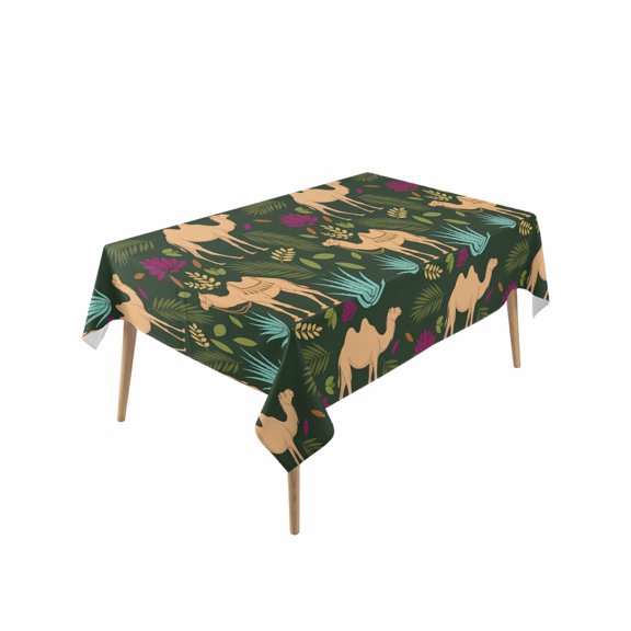Retro Desert Camel Table Cloth, Waterproof Tablecloth for Rectangle Tables, Tropical Animal Aloe Vera Leaves Dark Green Reusable Washable Fabric Table Cover for Restaurant Kitchen Dining 54"x108"