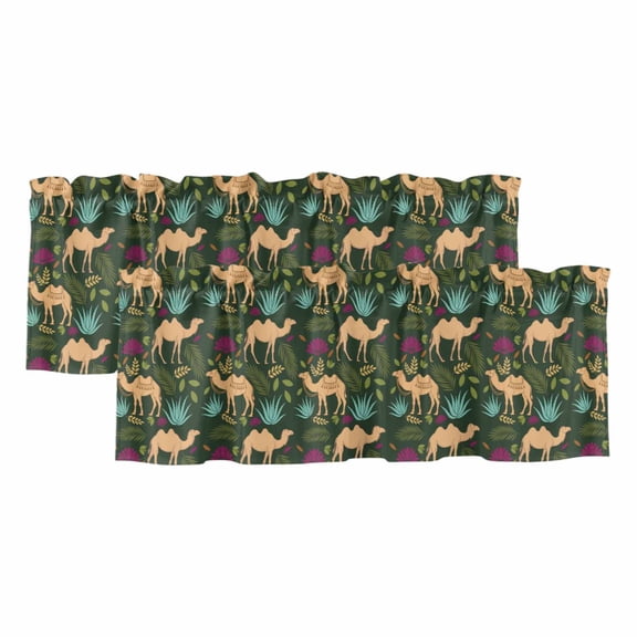 Retro Desert Camel Valances for Windows, Tropical Animal Aloe Vera Leaves Dark Green Light Filtering Kitchen Curtains, Rod Pocket Window Valance Curtains for Living Room, 42" Wx12" L, 2 Panels