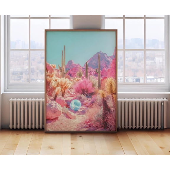 Retro Desert Disco Ball Poster, Pink Cactus Landscape Wall Art, Funky Retro 70s 80s Aesthetic Decor,, Size 12x18 UNFFRAMED F03.1.8l2519