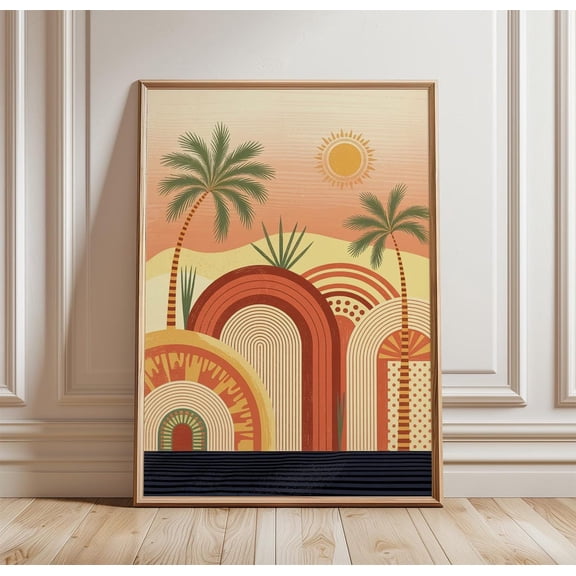 Retro Desert Palm Wall Art Print, Geometric Sunset Artwork