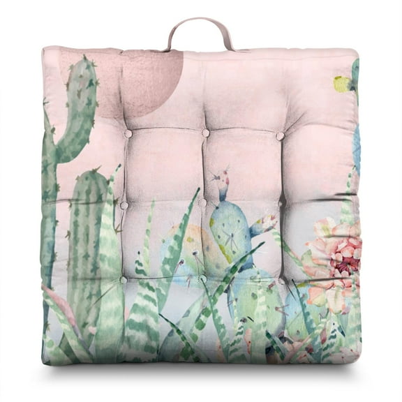 Retro Desert Succulent Pillow – 22x22 Inch Square Meditation Cushion, Dutch Velvet, 70s-Style Cactus Print (Vintage Southwestern Charm)